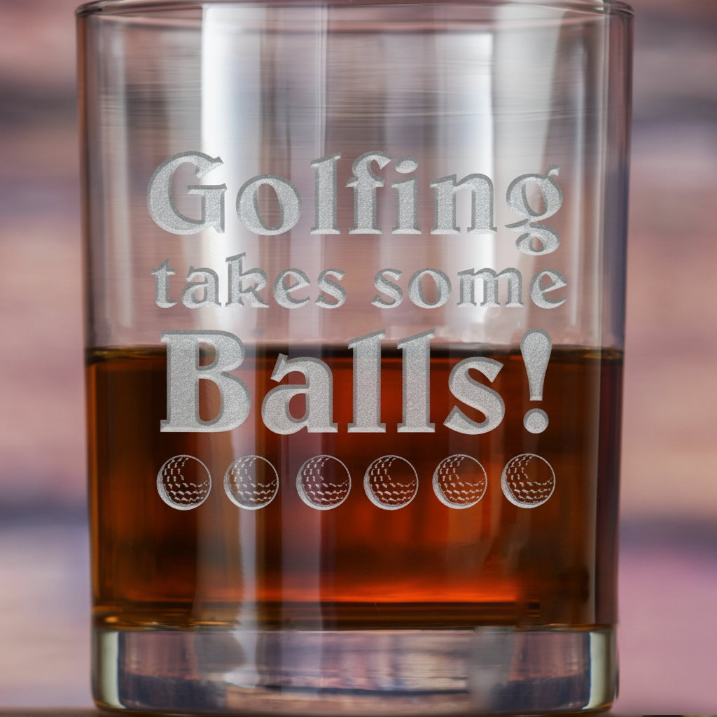 Close-up macro of Takes Some Balls Whiskey Glass showing the sand-carved 3D depth of the stock 'Golfing takes some Balls' golf design