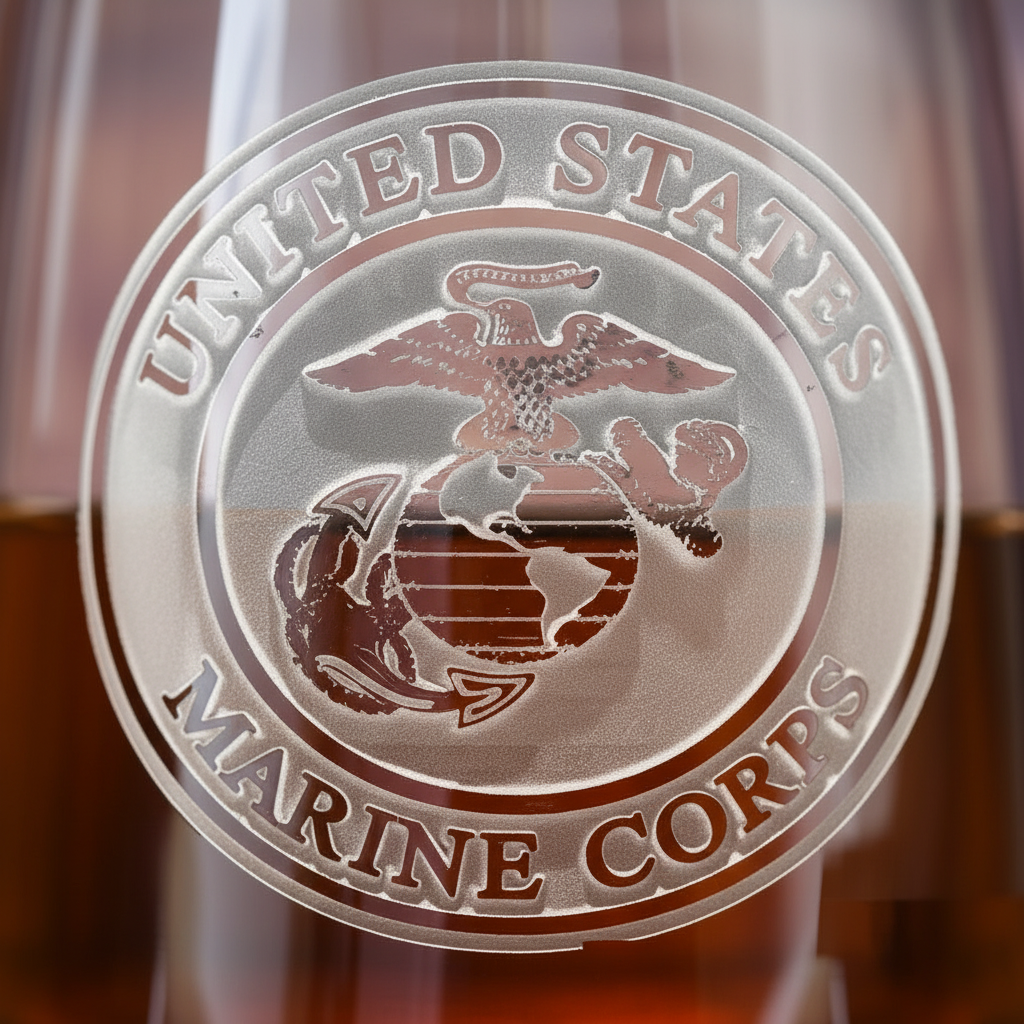 Close-up macro of US Marine Corps Whiskey Glass showing the sand-carved 3D depth of the official US Marine Corps seal