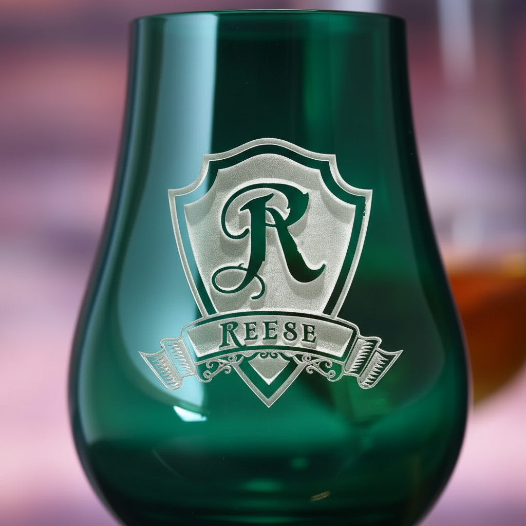 Close-up macro of Heritage Crest Personalized Glencairn Glass showing the sand-carved 3D depth of the single initial in heraldic shield with family name banner on an emerald green Glencairn glass