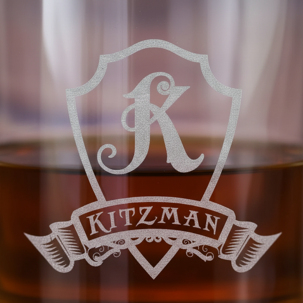 Close-up macro of Banner Crest Personalized Whiskey Glass showing the sand-carved 3D depth of the single initial in heraldic shield with family name banner