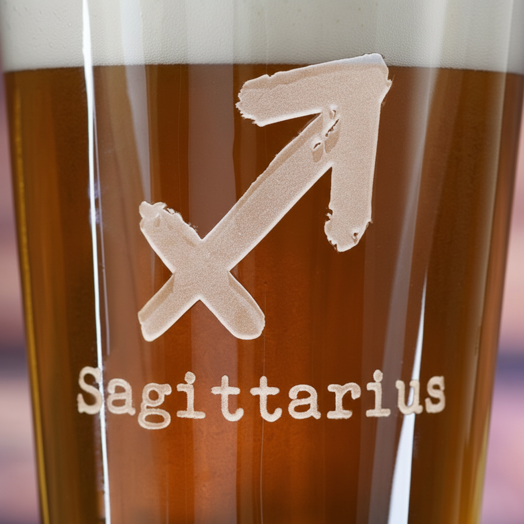 Close-up macro of Zodiac Sign Pint Glass showing the sand-carved 3D depth of the stock zodiac symbol with zodiac name in typewriter font
