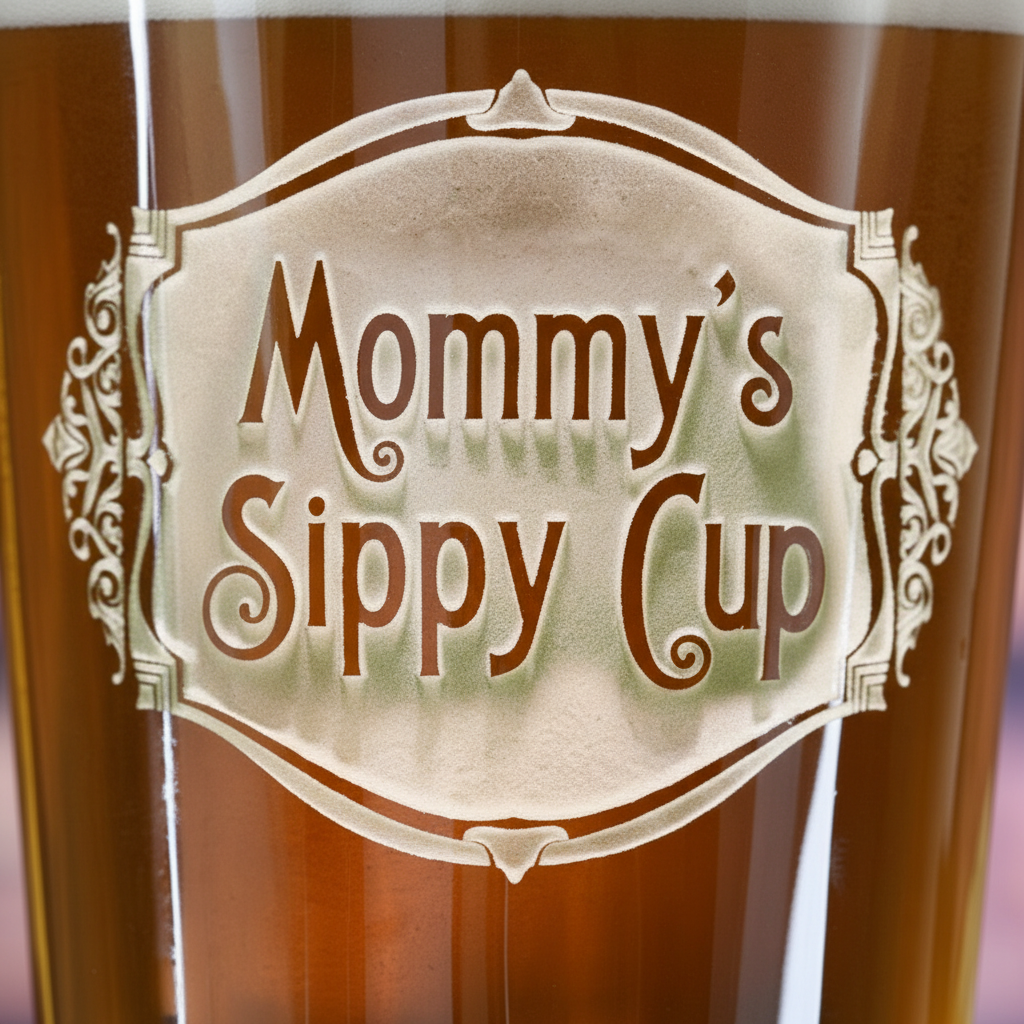 Close-up macro of Big Boy Sippy Personalized Pint Glass showing the sand-carved 3D depth of the stock 'Mommy's Sippy Cup' design