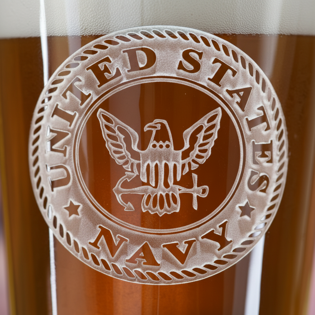 Close-up macro of Anchors Aweigh Personalized Pint Glass showing the sand-carved 3D depth of the stock US Navy emblem design
