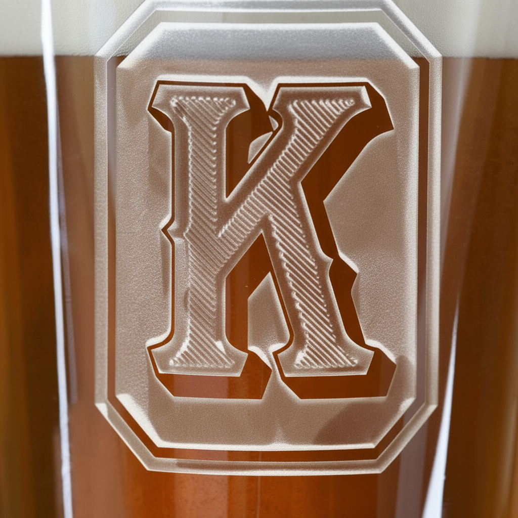 Close-up macro of Bold Initial Personalized Pint Glass showing the sand-carved 3D depth of the oversized varsity letter engraving