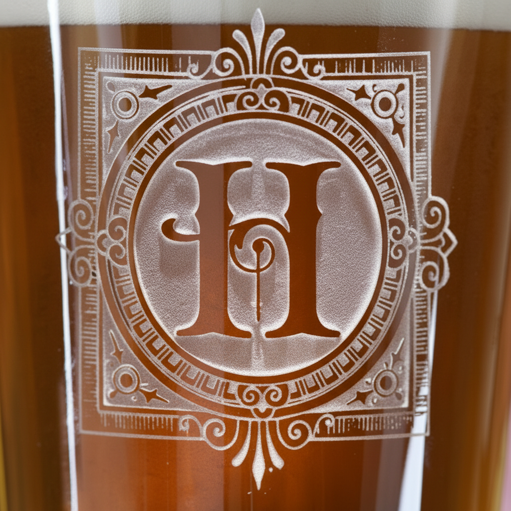 Close-up macro of Standard Pub Personalized Monogram Pint Glass showing the sand-carved 3D depth of the ornate single initial inside decorative frame