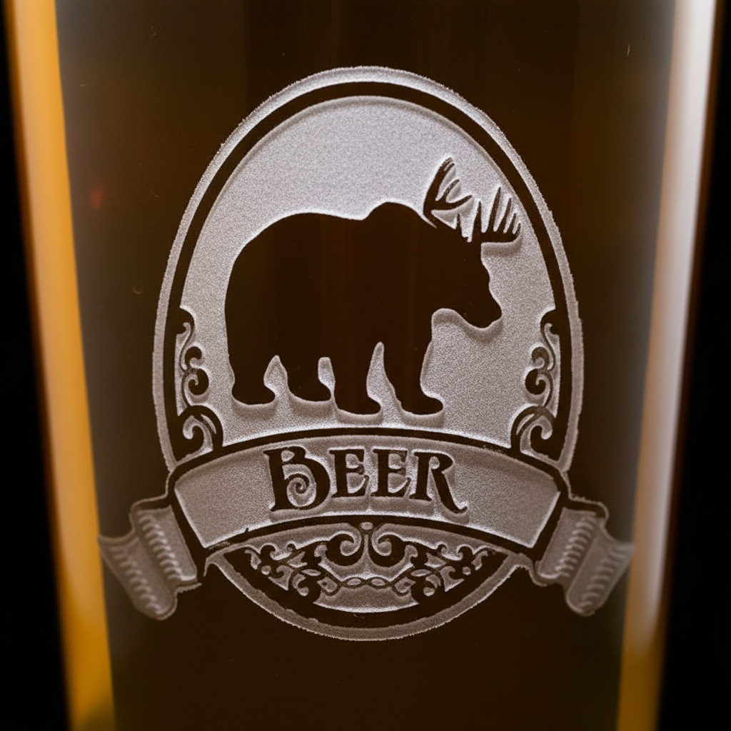 Close-up macro of Wildwood Personalized Pint Glass showing the sand-carved 3D depth of the bear and deer hybrid silhouette with name banner