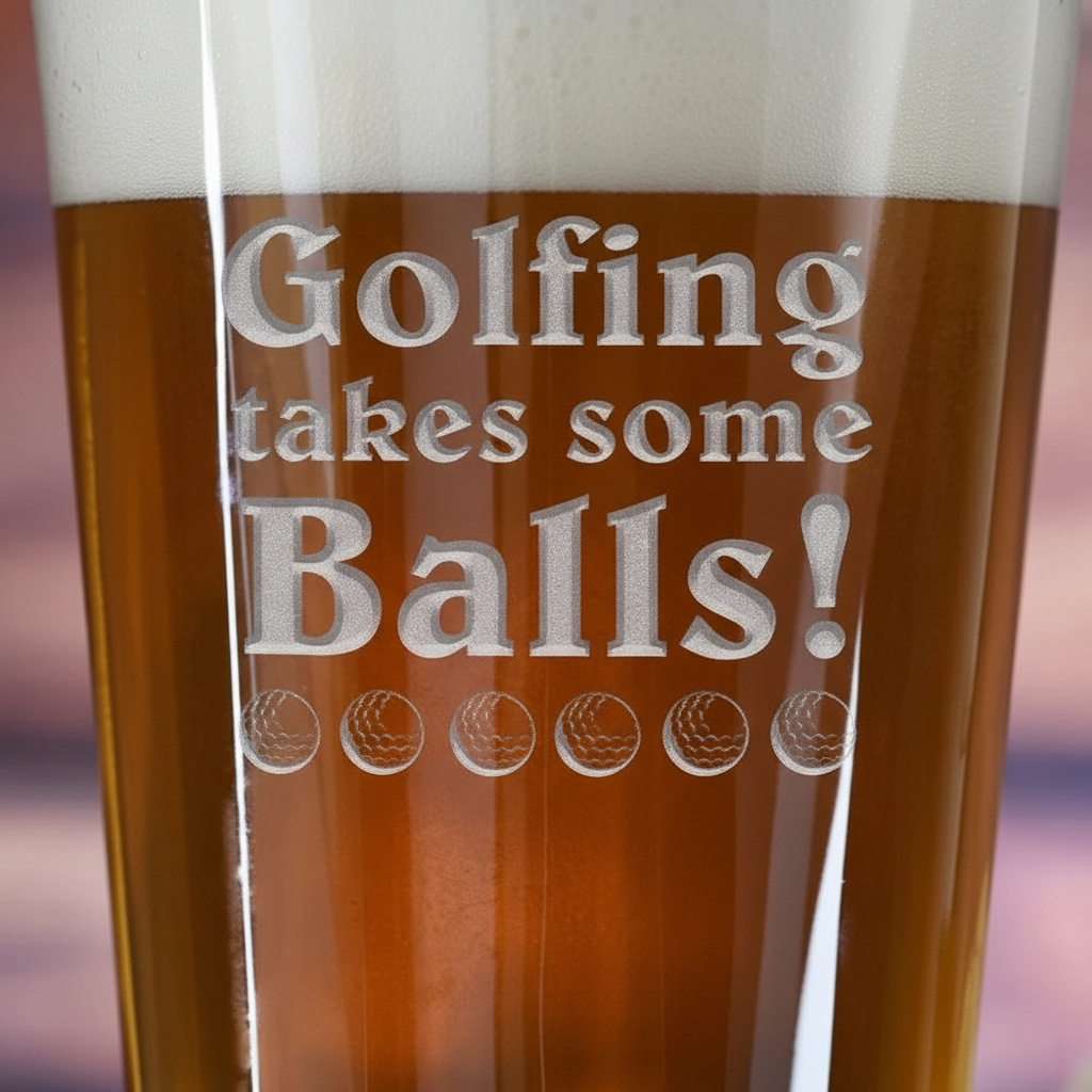 Close-up macro of Takes Some Balls Personalized Pint Glass showing the sand-carved 3D depth of the stock 'Golfing takes some Balls' design