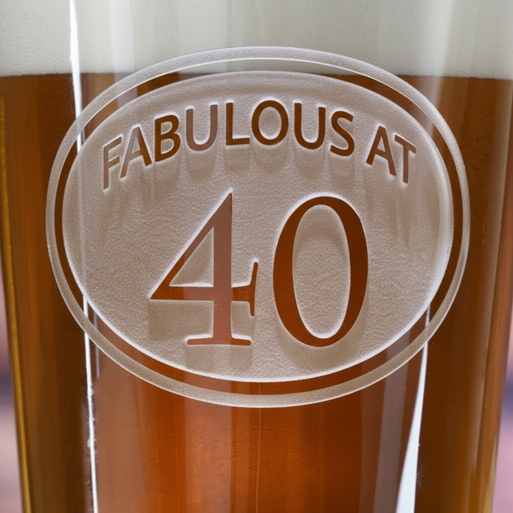 Close-up macro of Fabulous At Personalized Birthday Pint Glass showing the sand-carved 3D depth of the stock 'Fabulous At 40' design