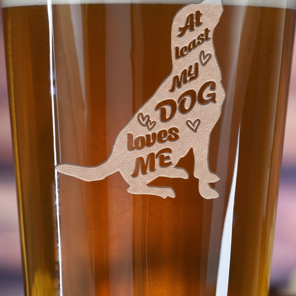 Close-up macro of Dog Loves Me Personalized Pint Glass showing the sand-carved 3D depth of the stock dog silhouette design with dog lover phrase