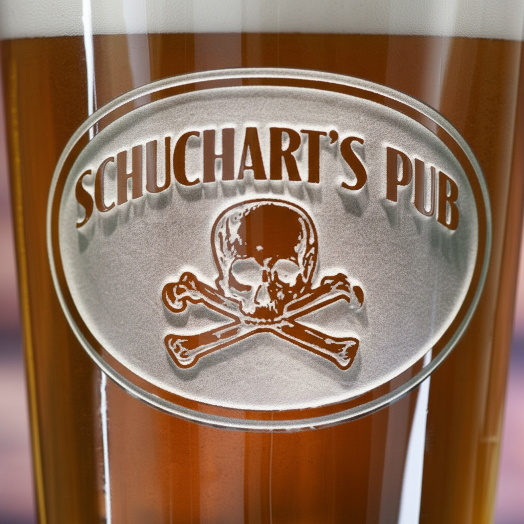Close-up macro of Jolly Roger Personalized Pint Glass showing the sand-carved 3D depth of the [name]'s pub oval with skull and crossbones design
