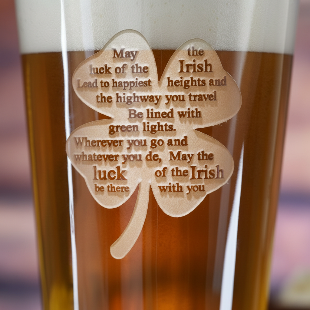 Close-up macro of Shamrock Pub Personalized Pint Glass showing the sand-carved 3D depth of the stock shamrock Irish blessing design