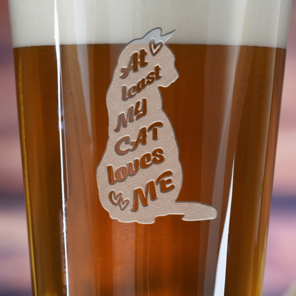 Close-up macro of Cat Loves Me Personalized Pint Glass showing the sand-carved 3D depth of the stock cat silhouette design with cat lover phrase