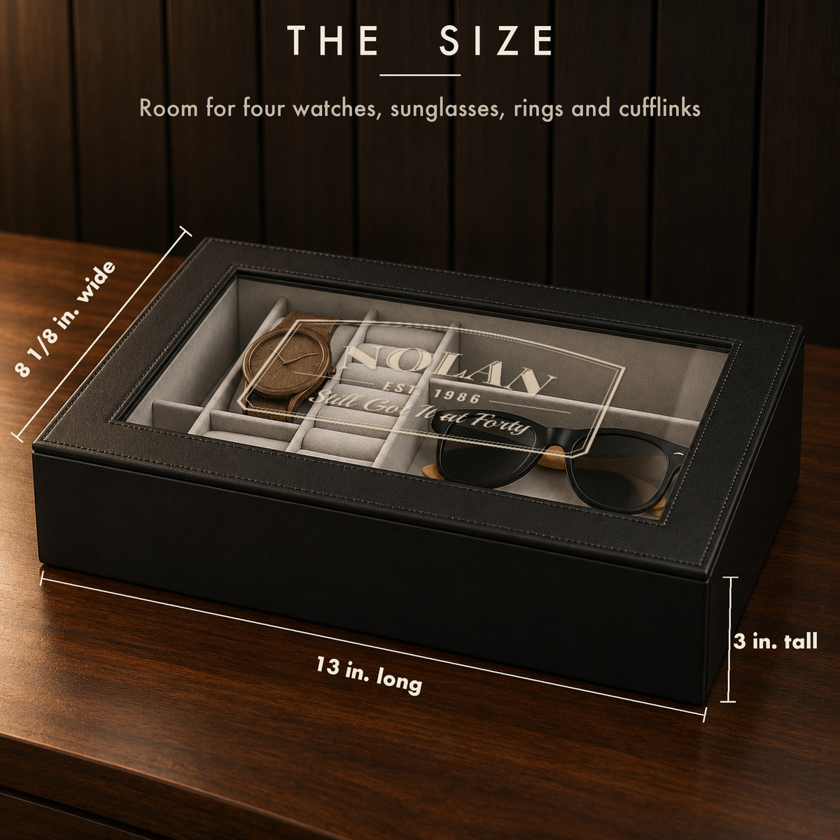 Size card showing the personalized watch box at 13 inches long, 8 1/8 inches wide and 3 inches tall, a 40th birthday gift for a husband
