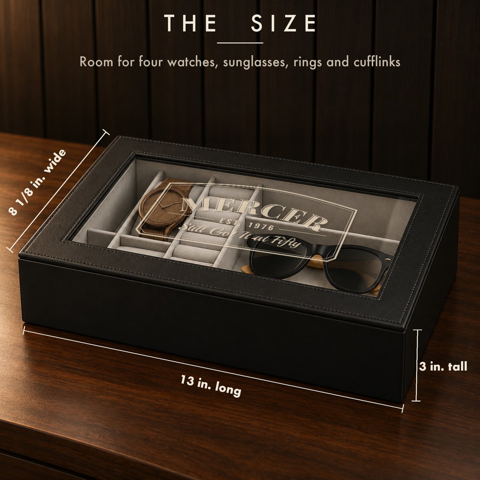 Size card showing the personalized watch box at 13 inches long, 8 1/8 inches wide and 3 inches tall, a 50th birthday gift for him