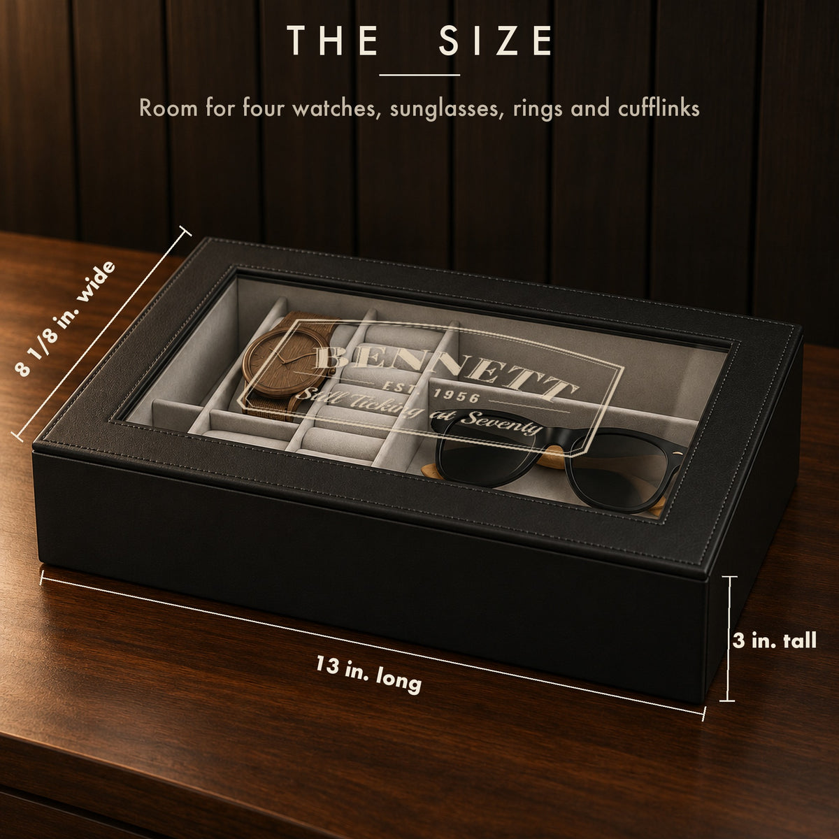Size card showing the personalized watch box at 13 inches long, 8 1/8 inches wide and 3 inches tall, a 70th birthday gift for dad