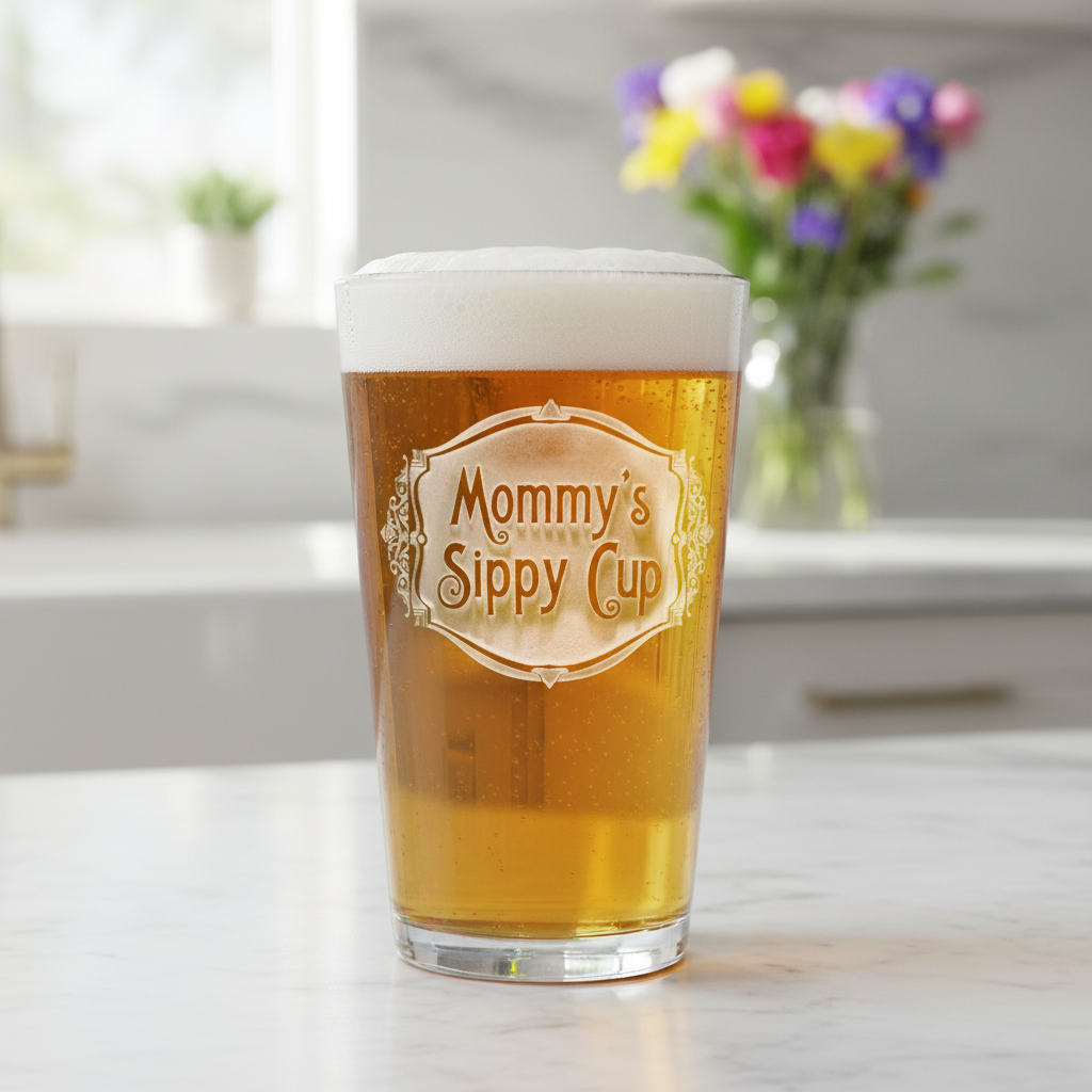 Big Boy Sippy Pint Glass lifestyle shot showing the stock 'Mommy's Sippy Cup' design in a real-world setting