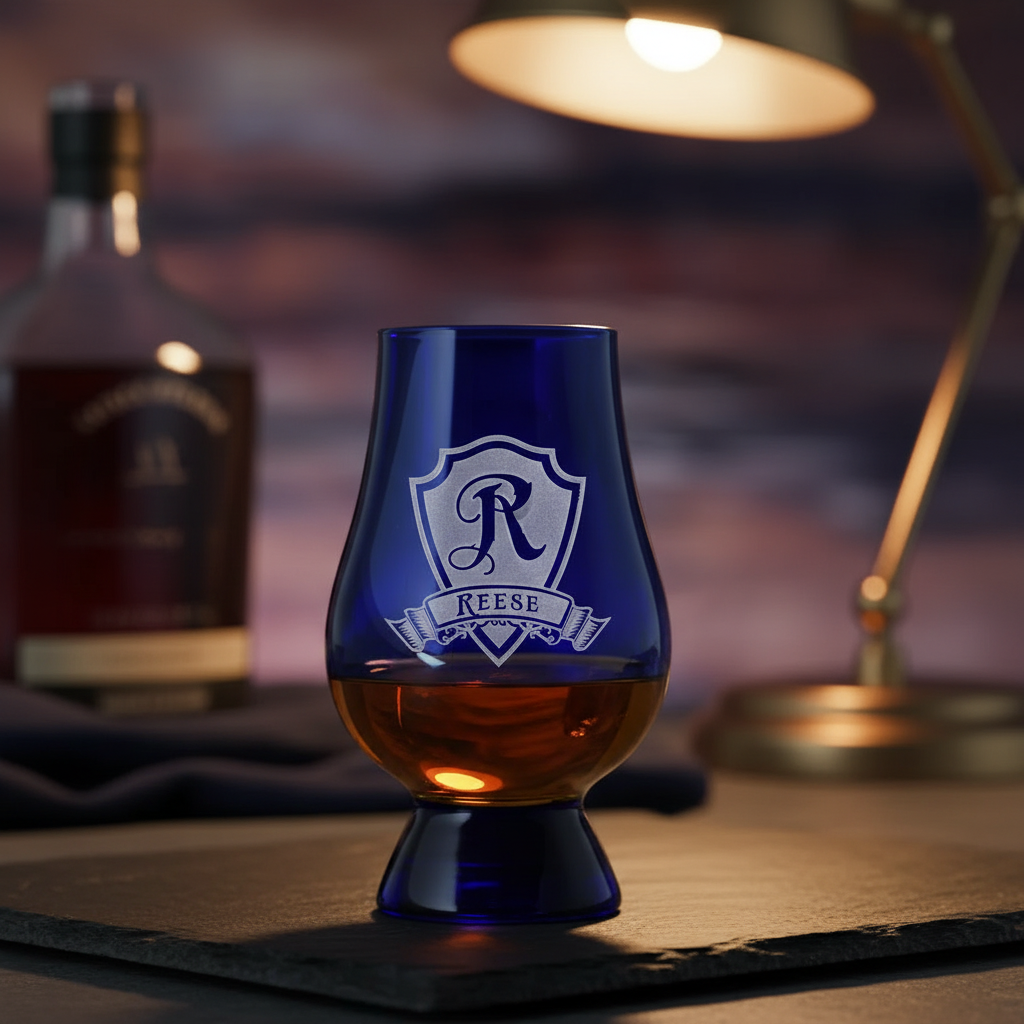 Sapphire Personalized Glencairn Glass lifestyle shot showing the single initial in heraldic shield with family name banner on a blue Glencairn glass engraving in a real-world setting