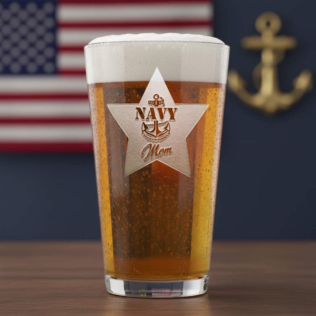 Navy Mom Pint Glass lifestyle shot showing the stock 'Navy Mom' star design with anchor engraving in a real-world setting