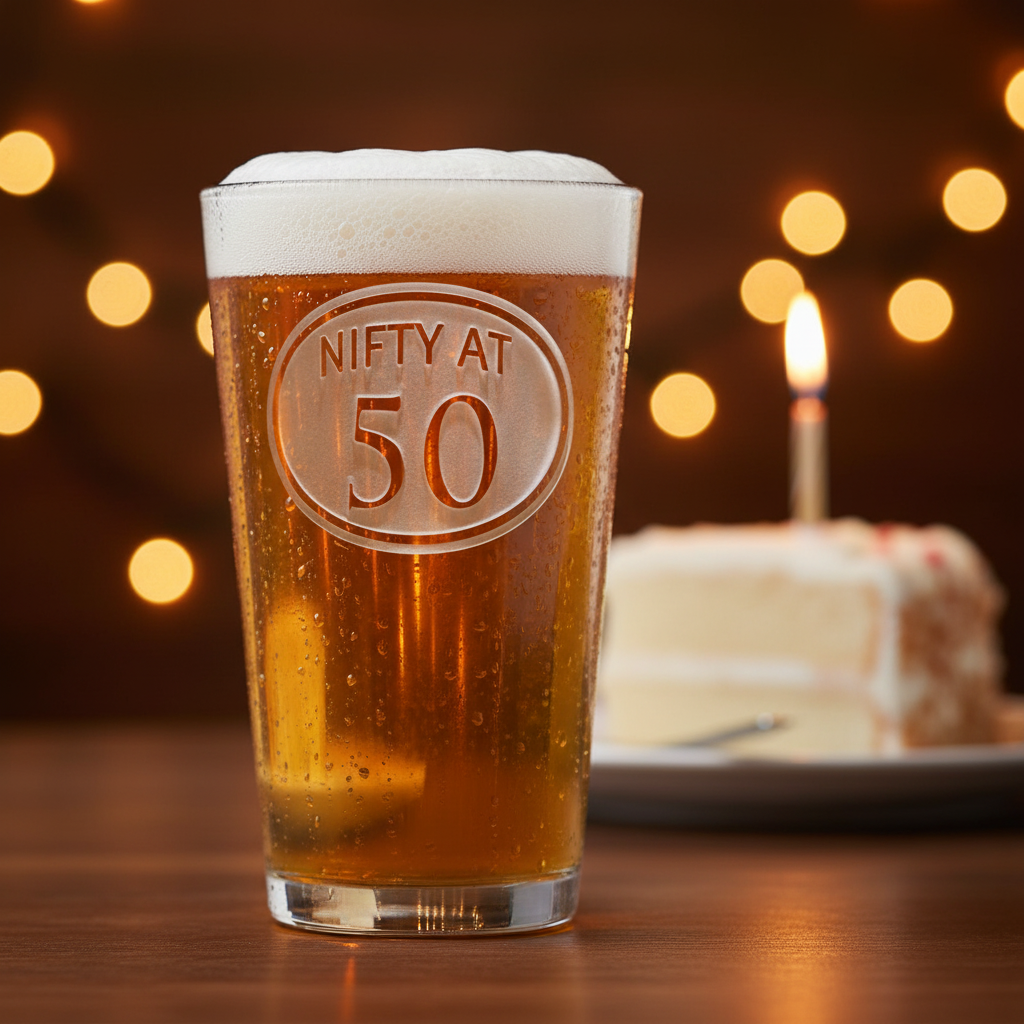 Half Century Personalized Pint Glass lifestyle shot showing the stock 'NIFTY AT 50' design engraving in a real-world setting