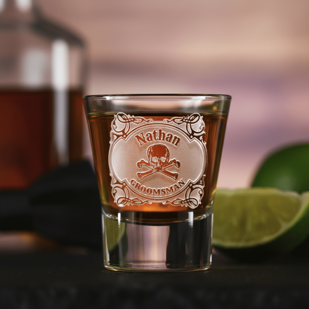 Crossbones Personalized Skull Shot Glass lifestyle shot showing the name with skull and crossed bones and 'GROOMSMAN' label engraving in a real-world setting
