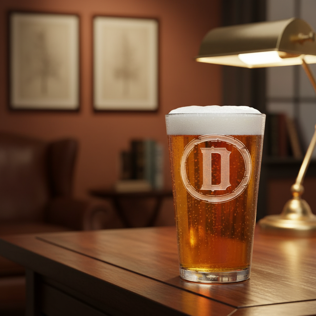 Perfect Circle Personalized Pint Glass lifestyle shot showing the circle monogram engraving in a refined home bar scene