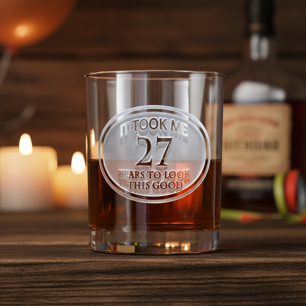 Took Me Years Whiskey Glass lifestyle shot showing the stock 'It Took Me [year] Years to Look This Good' design engraving in a real-world setting