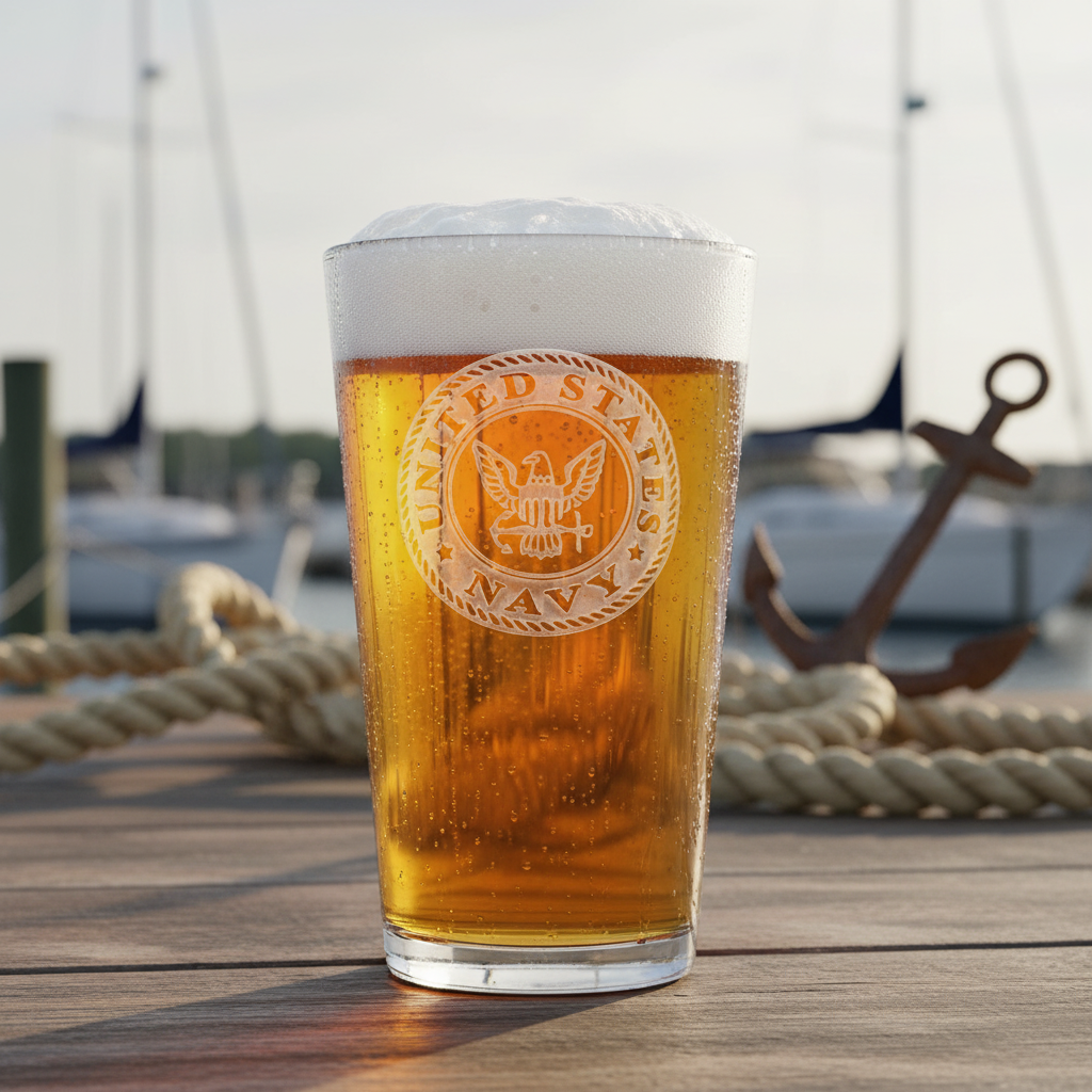 Anchors Aweigh Personalized Pint Glass lifestyle shot showing the stock US Navy emblem design engraving in a real-world setting