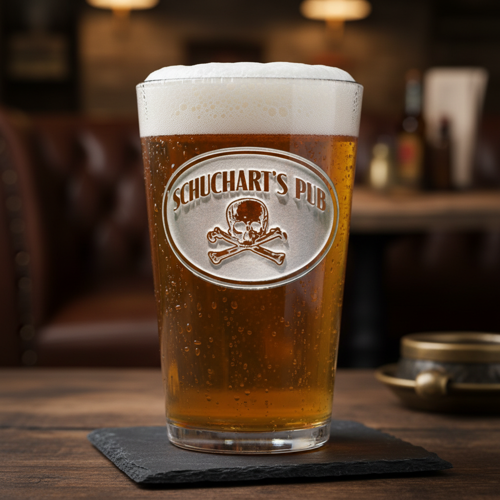 Jolly Roger Personalized Pint Glass lifestyle shot showing the [name]'s pub oval with skull and crossbones design engraving in a real-world setting