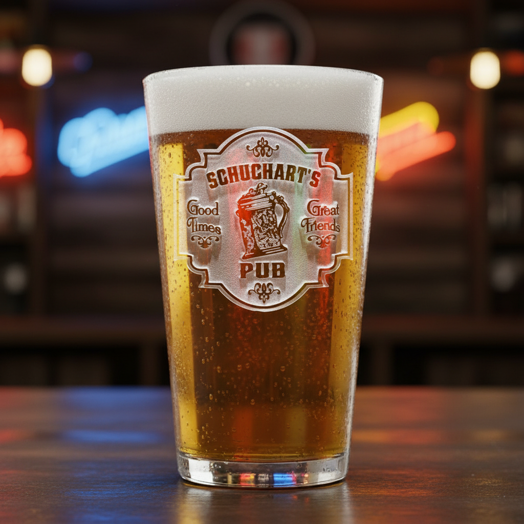 Tap Room Personalized Bar Sign Pint Glass lifestyle shot showing the family pub-sign label with beer mug and 'PUB' banner engraving in a real-world setting