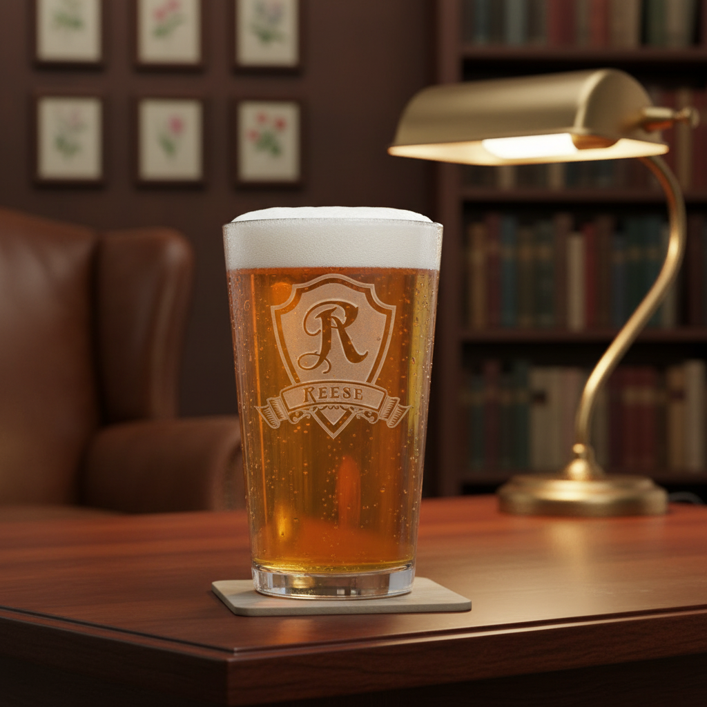 Monogram Shield Personalized Pint Glass lifestyle shot showing the heraldic shield with initial and name banner engraving in a real-world setting