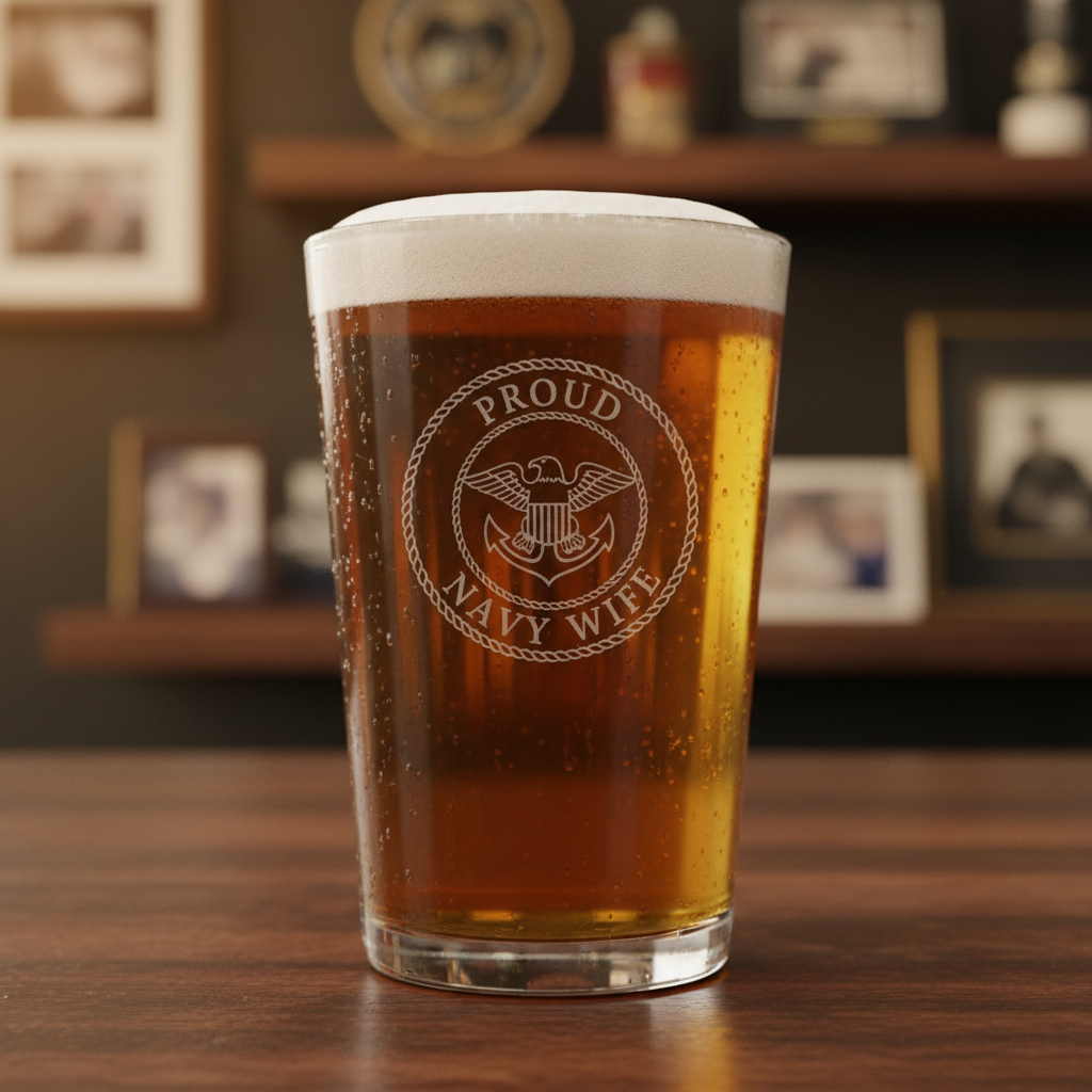 Sailor Spouse Navy Personalized Pint Glass lifestyle shot showing the stock Navy spouse design engraving in a real-world setting