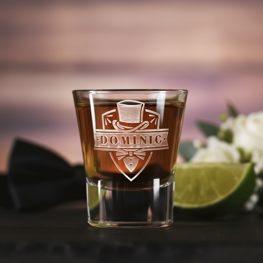 Tux Groomsman Personalized Shot Glass lifestyle shot showing the top hat and tuxedo shield with name banner engraving in a real-world setting