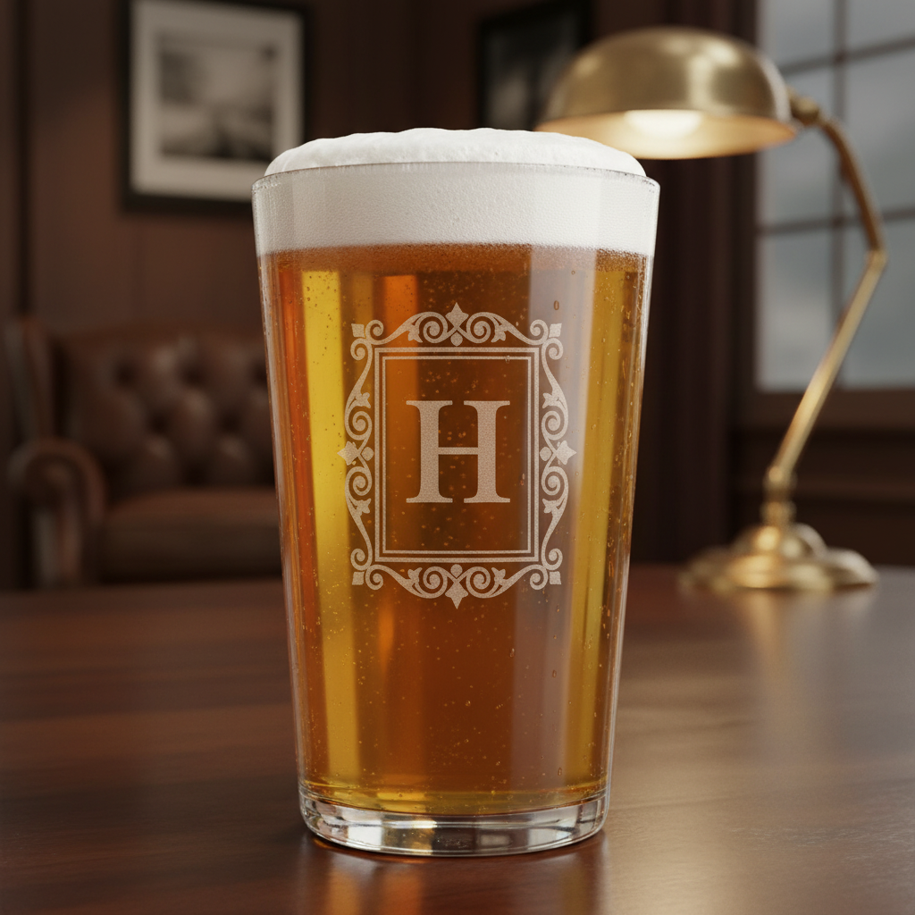 Standard Pub Personalized Monogram Pint Glass lifestyle shot showing the ornate single initial inside decorative frame engraving in a real-world setting