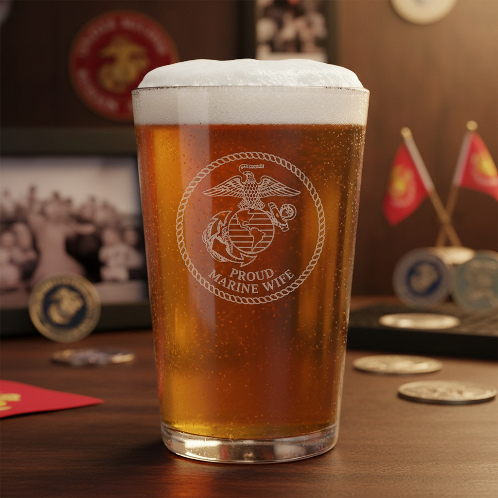 Devil Dog Wife Personalized Pint Glass lifestyle shot showing the stock Marine Corps wife design engraving in a real-world setting
