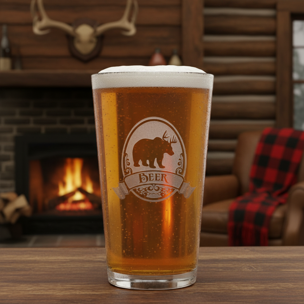 Wildwood Personalized Pint Glass lifestyle shot showing the bear and deer hybrid silhouette with name banner engraving in a real-world setting