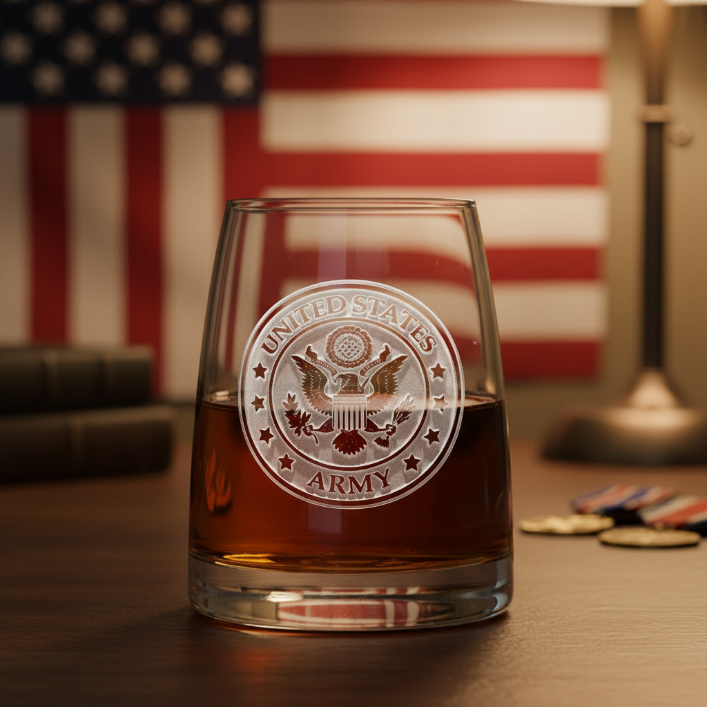 US Army Seal Whiskey Glass lifestyle shot showing the official US Army seal engraving in a real-world setting