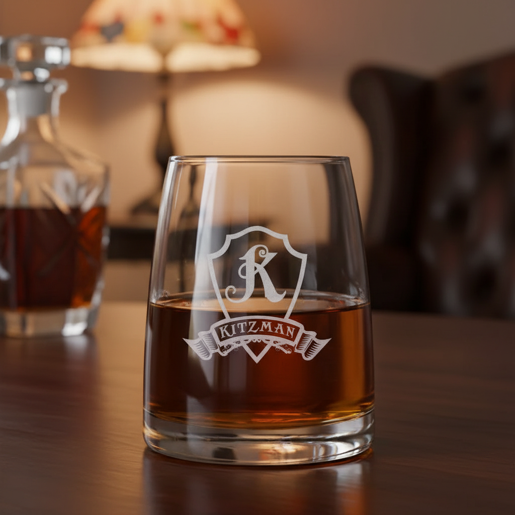 Crystal Shield Personalized Rocks Glass lifestyle shot showing the single initial in heraldic shield with family name banner engraving in a real-world setting