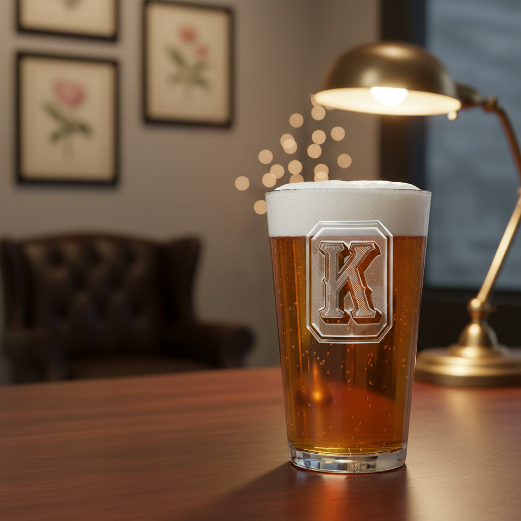 Bold Initial Personalized Pint Glass lifestyle shot showing the oversized varsity letter engraving in a refined home bar scene