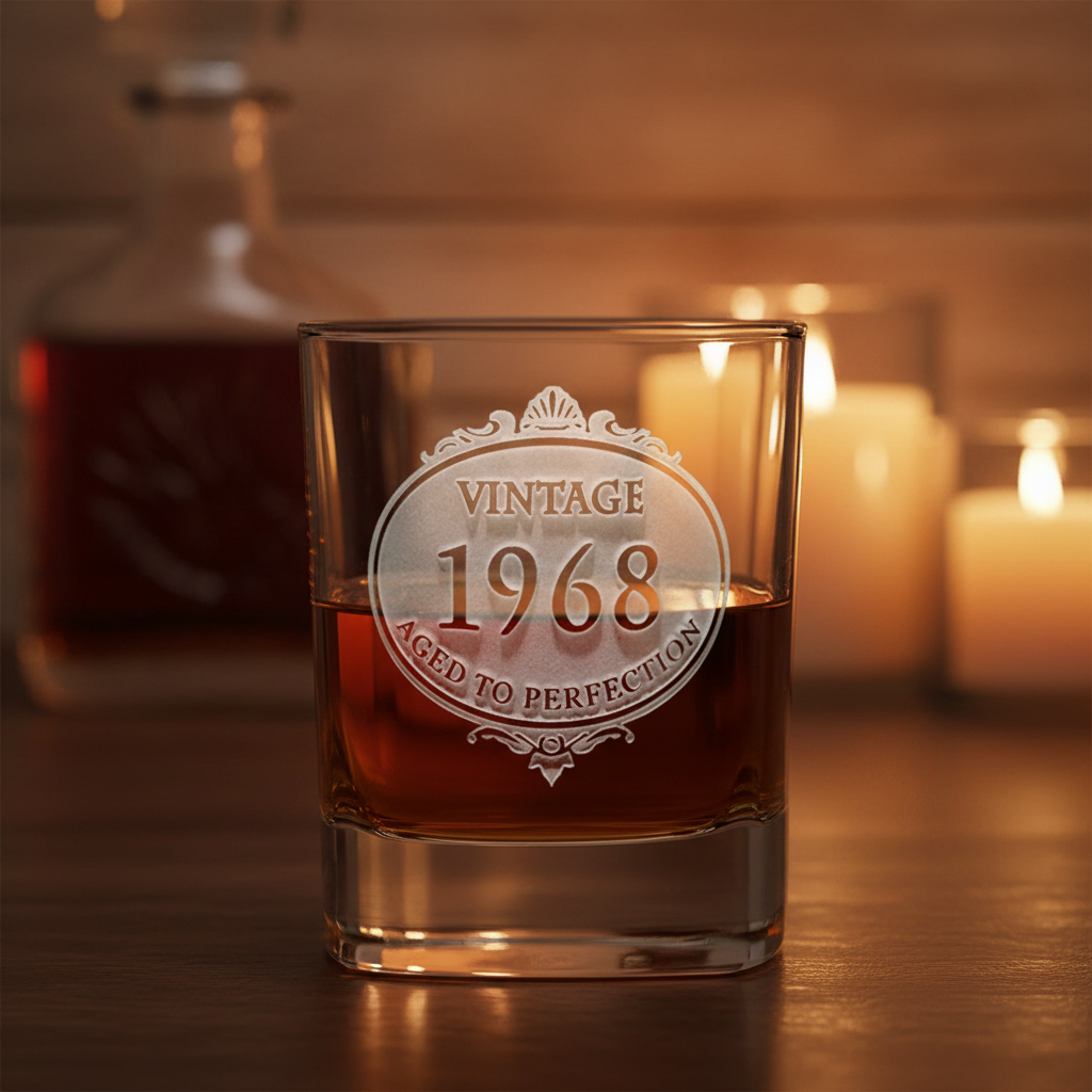 Vintage Year Whiskey Glass lifestyle shot showing the stock 'Vintage [year] Aged to Perfection' design engraving in a real-world setting