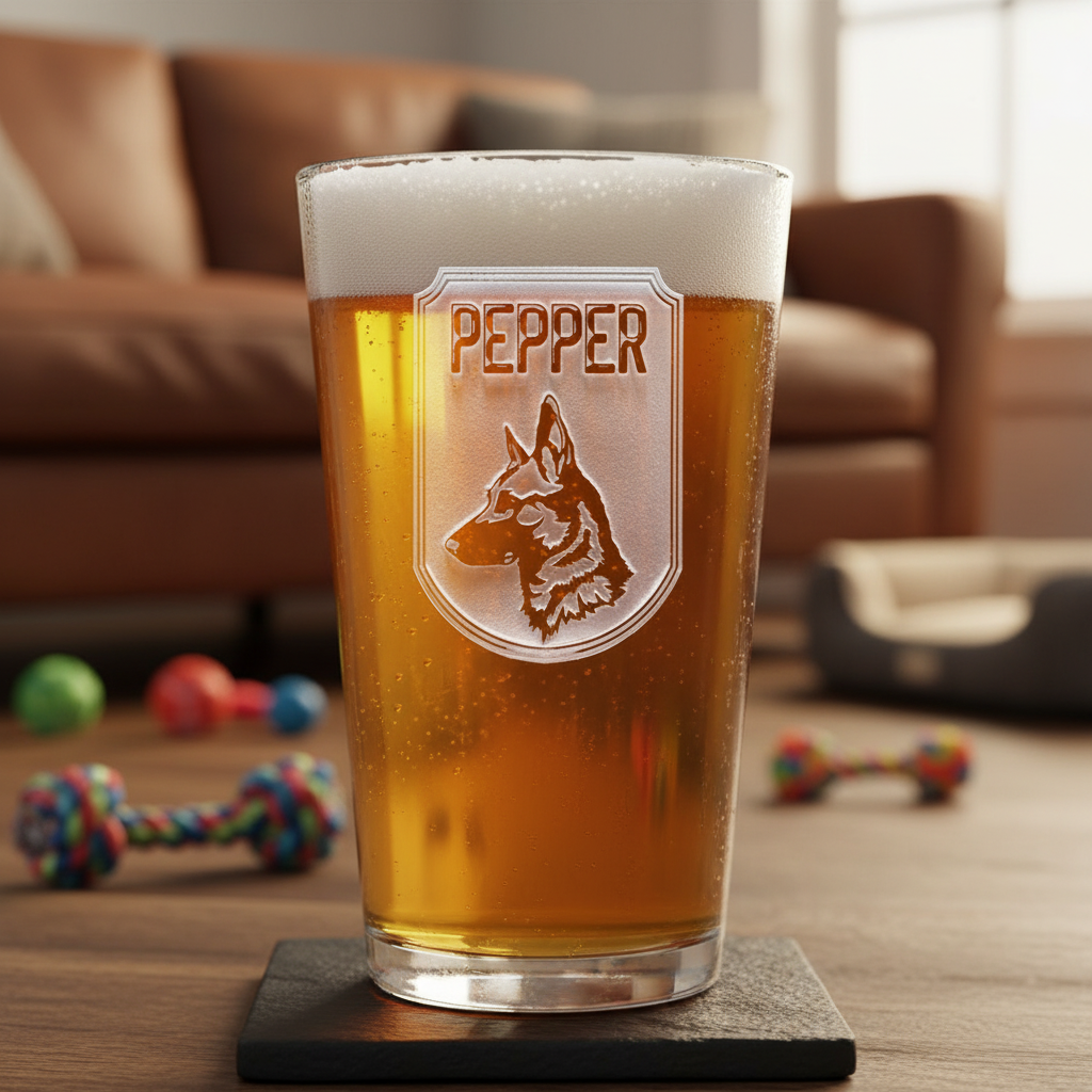 Dog Dad Personalized Pint Glass lifestyle shot showing the pup name with dog breed silhouette in shield engraving in a real-world setting