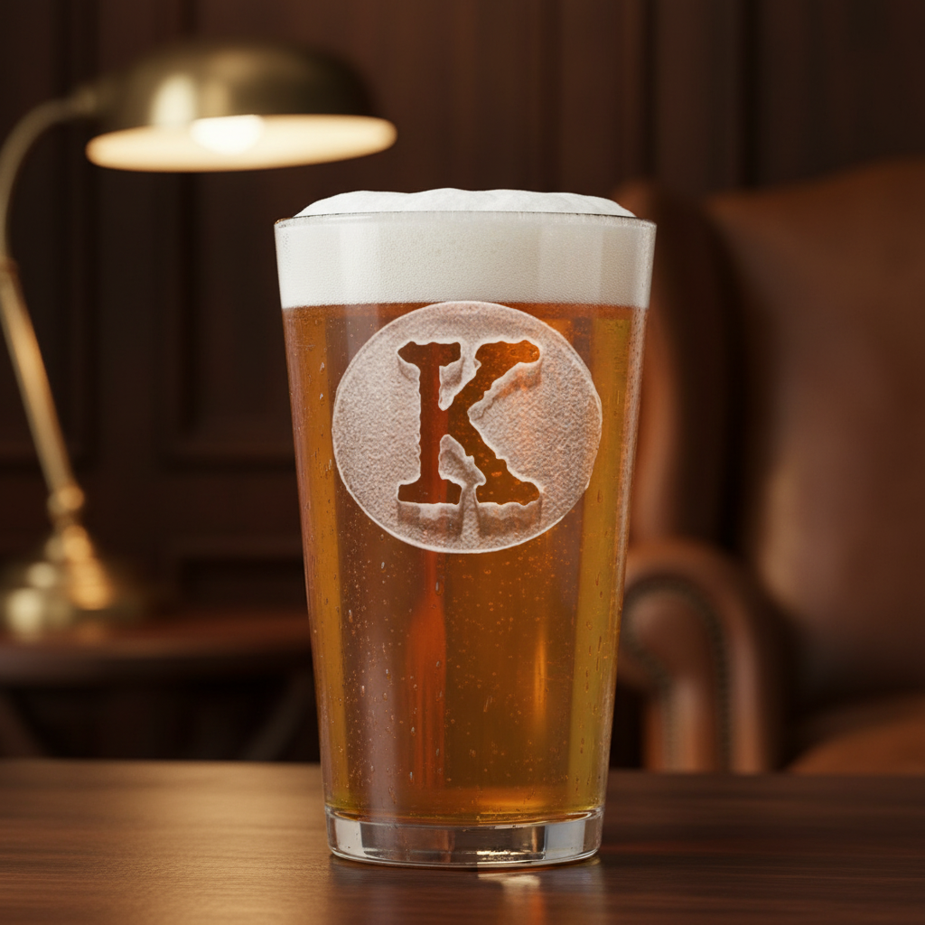 Initial Circle Personalized Pint Glass lifestyle shot showing the single bold initial inside circular frame engraving in a real-world setting