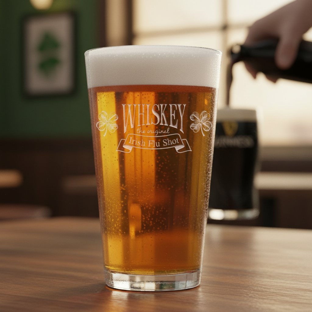 Irish Flu Shot Pint Glass lifestyle shot showing the stock 'Irish Flu Shot' design engraving in a real-world setting