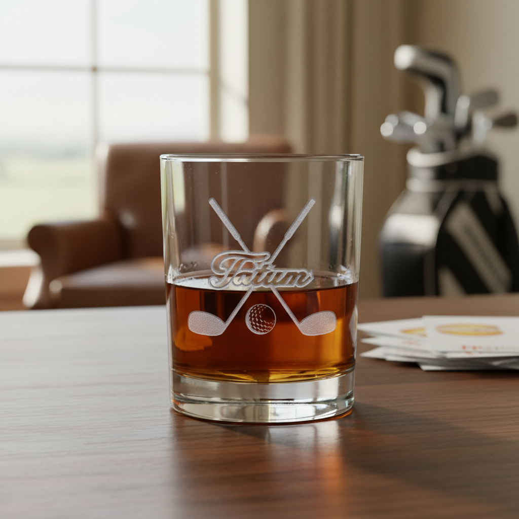 Fairway Golf Personalized Whiskey Glass lifestyle shot showing the name in script with crossed golf clubs and ball engraving in a real-world setting