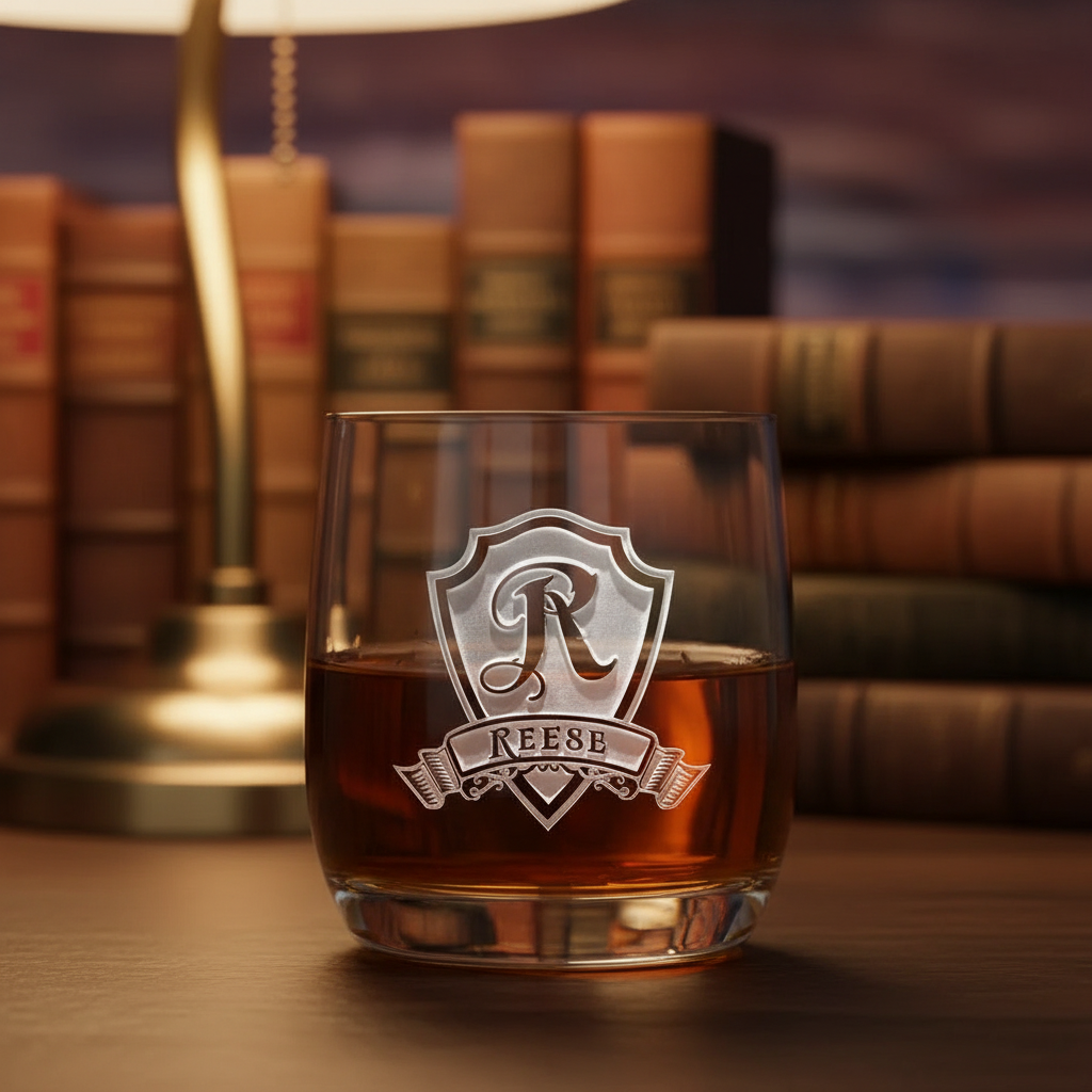 Heritage Shield Personalized Old Fashioned Glass lifestyle shot showing the single initial in heraldic shield with family name banner engraving in a real-world setting