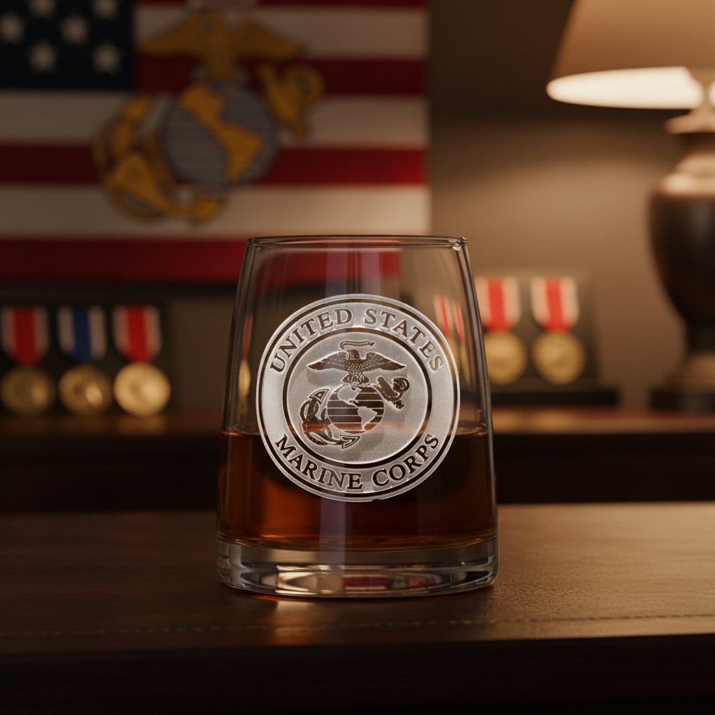 US Marine Corps Whiskey Glass lifestyle shot showing the official US Marine Corps seal engraving in a real-world setting