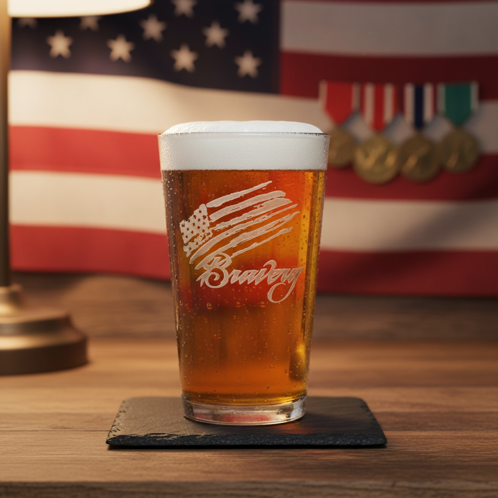 Bravery Flag Pint Glass lifestyle shot showing the stock 'Bravery' tattered flag design engraving in a real-world setting