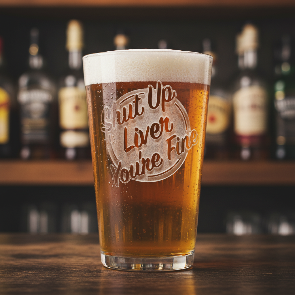 Shut Up Liver Pint Glass lifestyle shot showing the stock 'Shut Up Liver You're Fine' design engraving in a real-world setting