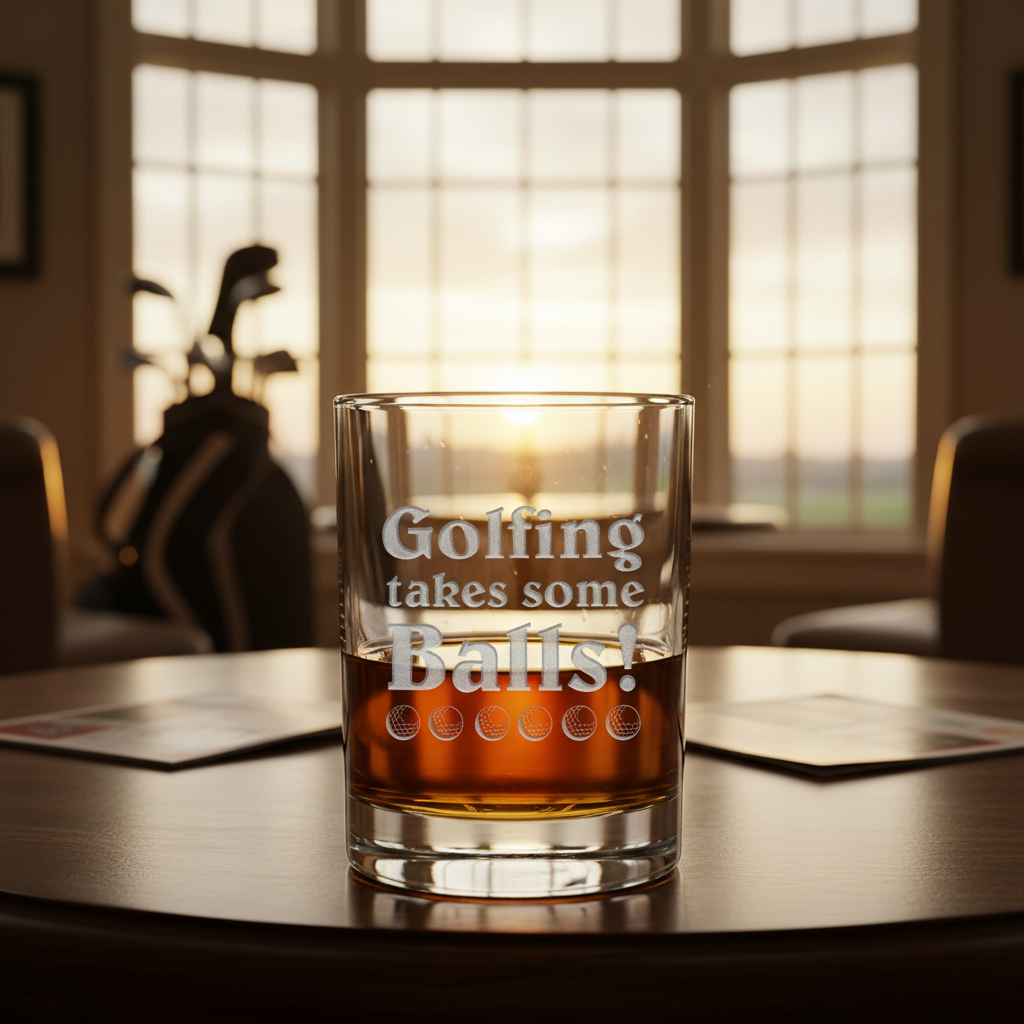 Takes Some Balls Whiskey Glass lifestyle shot showing the stock 'Golfing takes some Balls' golf design engraving in a real-world setting