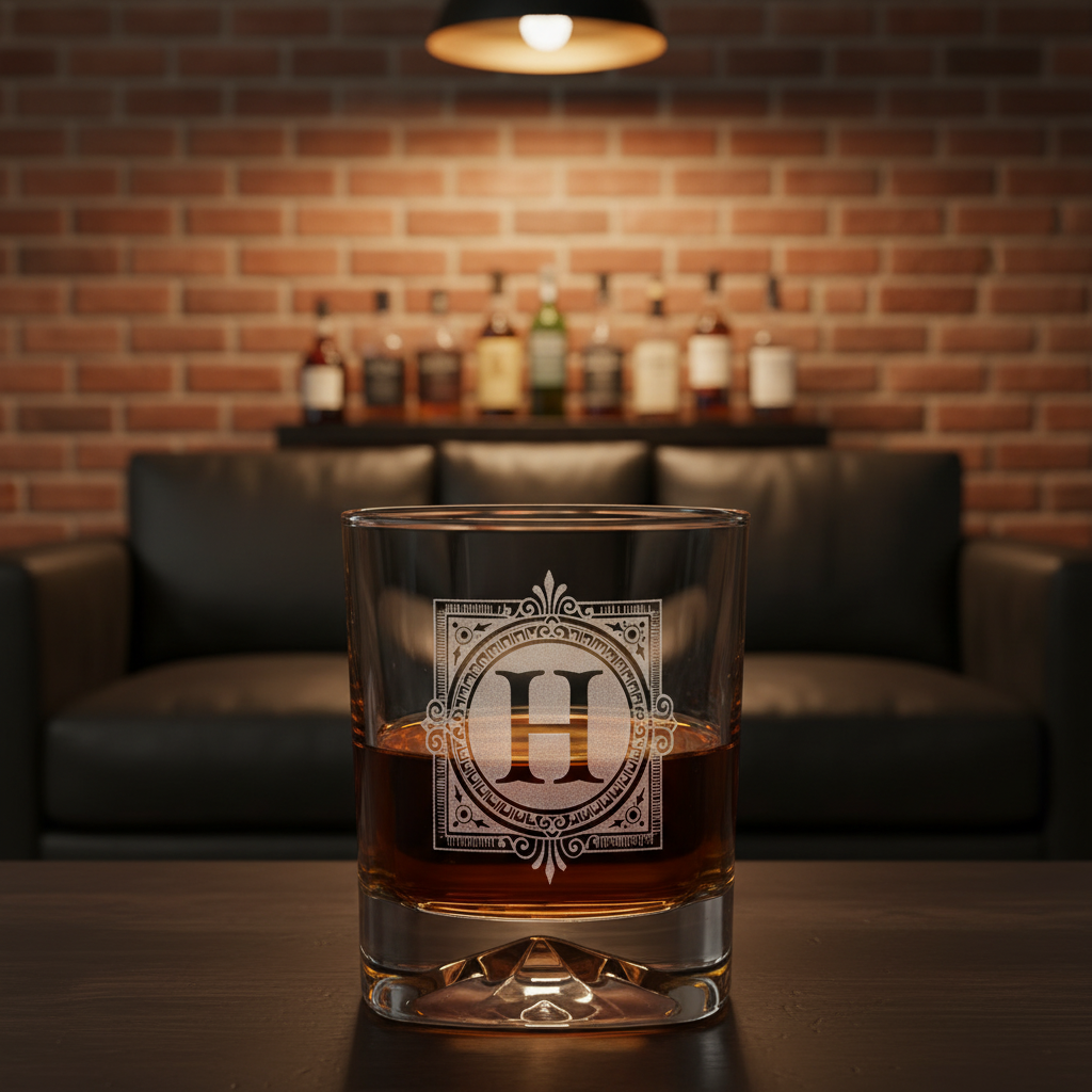 Mountain Sham Personalized Bourbon Glass lifestyle shot showing the single ornate initial in decorative square frame engraving in a real-world setting
