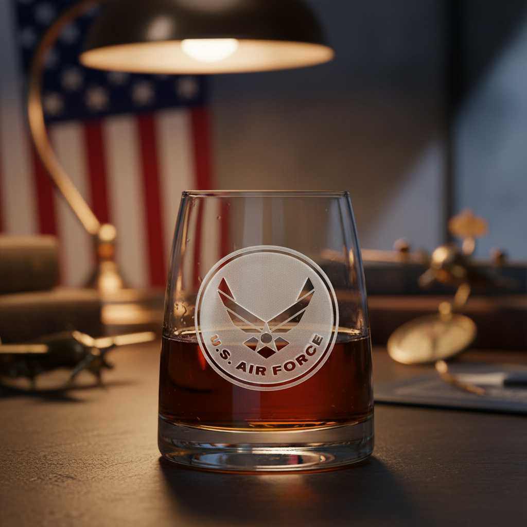US Air Force Whiskey Glass lifestyle shot showing the official US Air Force emblem engraving in a real-world setting